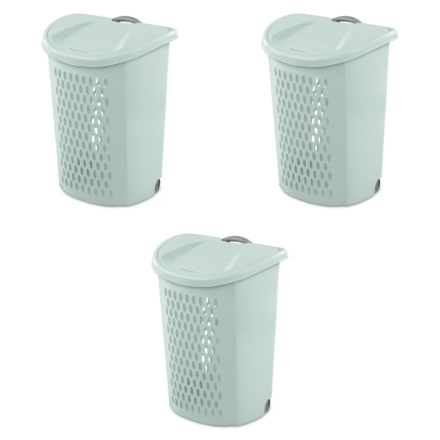 Sterilite 3-Pack Ultra Wheeled Hamper, Laundry Basket w/ Flip-Top Lid & Retractable Handle - Plastic Rolling Clothes Storage Cart with Ventilated Holes for Home, Apartment or Dorm