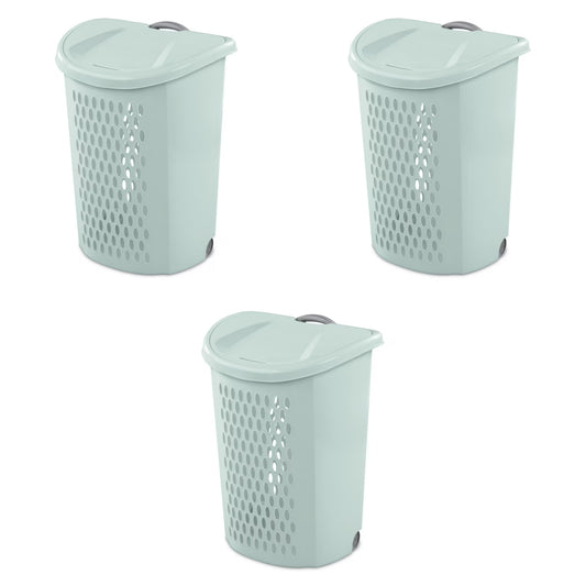 Sterilite 3-Pack Ultra Wheeled Hamper, Laundry Basket w/ Flip-Top Lid & Retractable Handle - Plastic Rolling Clothes Storage Cart with Ventilated Holes for Home, Apartment or Dorm