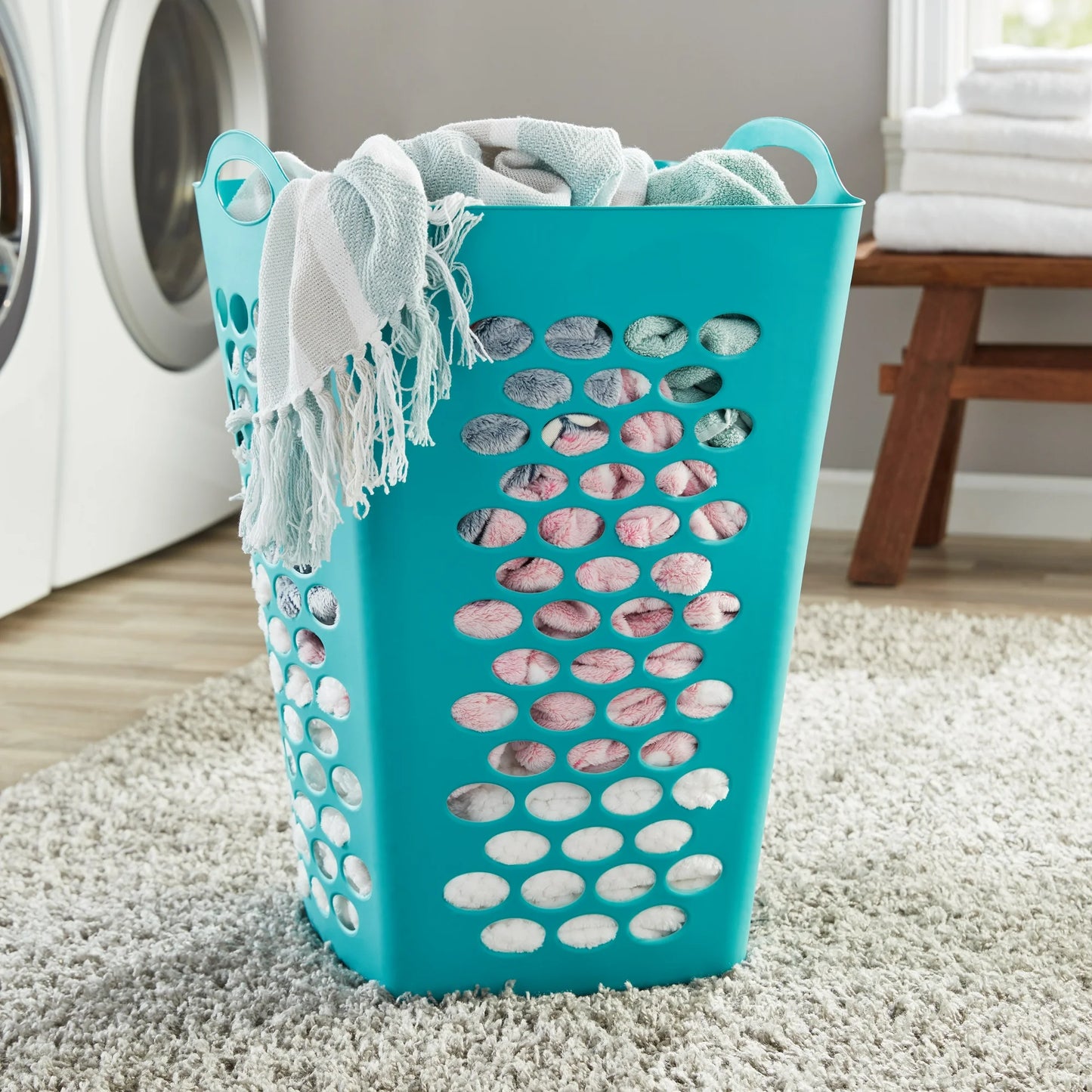 Mainstays Flexible Plastic Square Laundry Hamper, 3 Pack, Teal