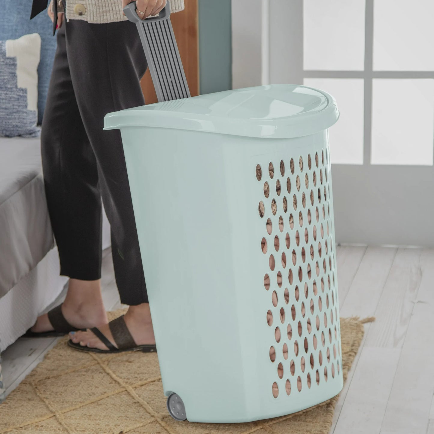 Sterilite 3-Pack Ultra Wheeled Hamper, Laundry Basket w/ Flip-Top Lid & Retractable Handle - Plastic Rolling Clothes Storage Cart with Ventilated Holes for Home, Apartment or Dorm