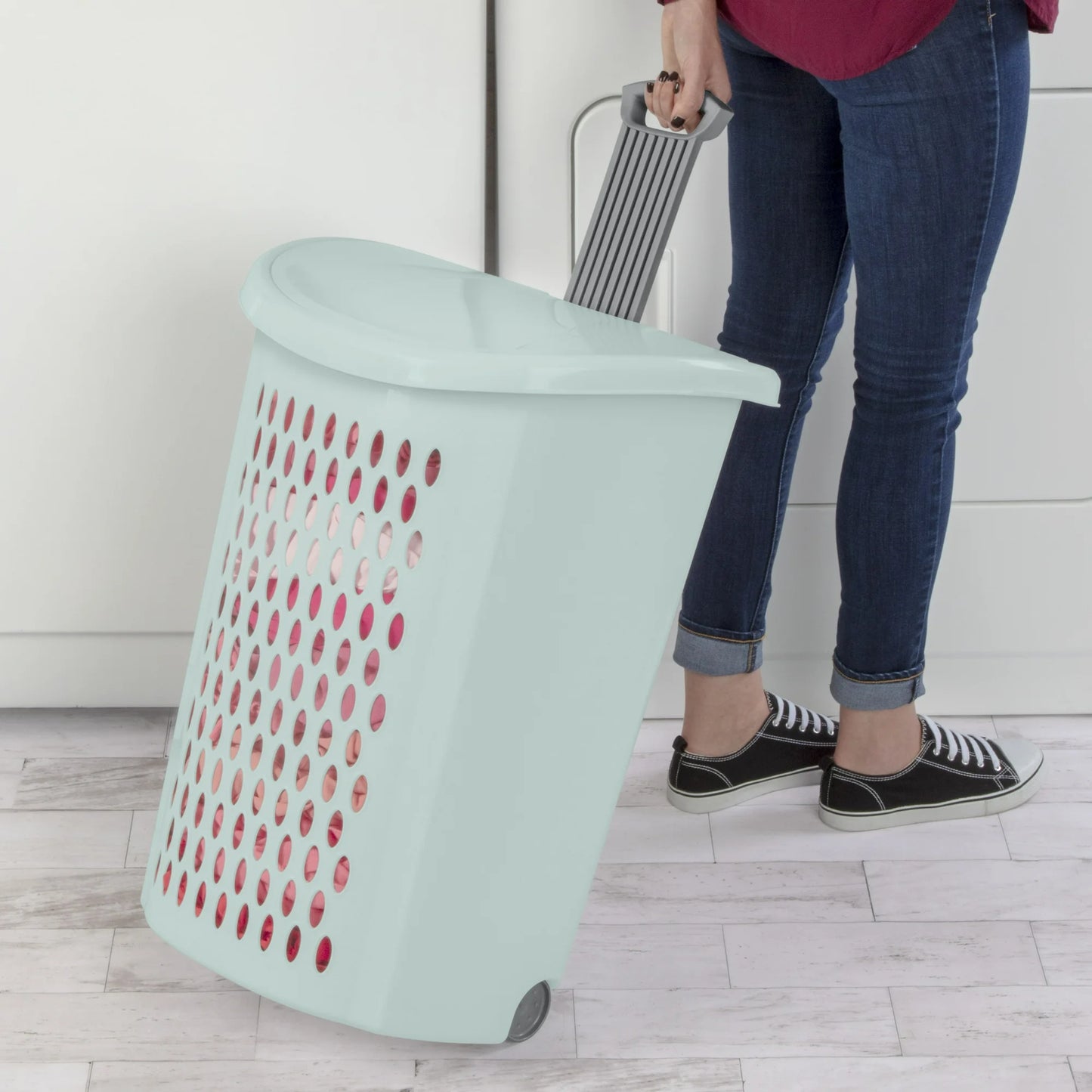 Sterilite 3-Pack Ultra Wheeled Hamper, Laundry Basket w/ Flip-Top Lid & Retractable Handle - Plastic Rolling Clothes Storage Cart with Ventilated Holes for Home, Apartment or Dorm
