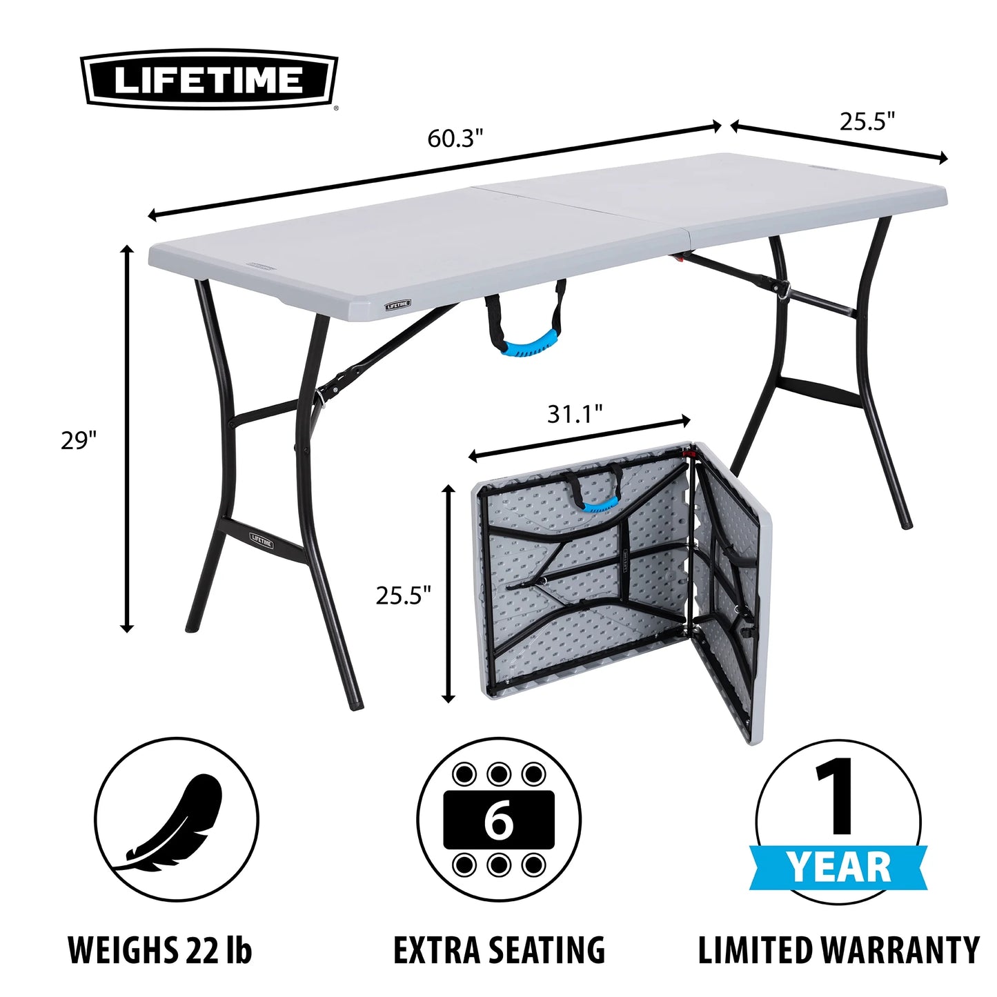 Lifetime 5 Foot Rectangle Fold-in-Half Table, Indoor/Outdoor Essential