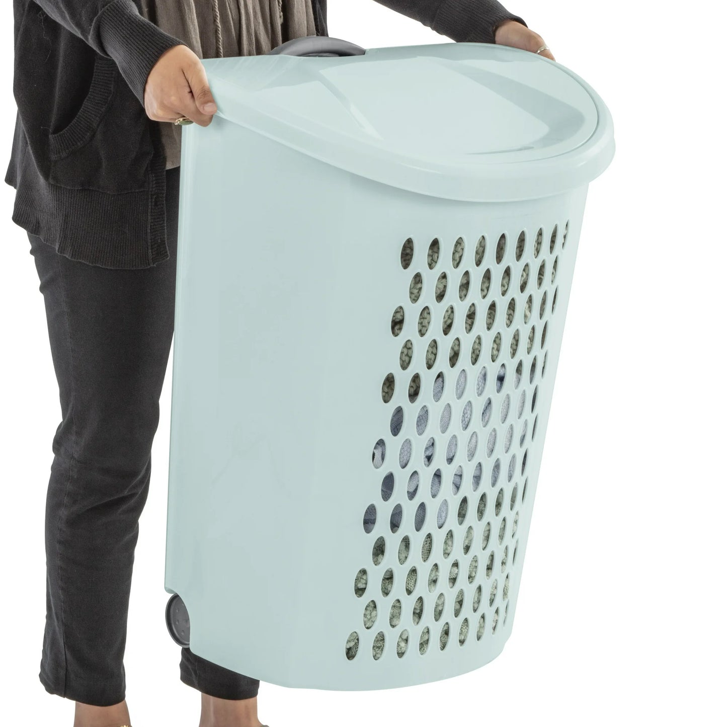 Sterilite 3-Pack Ultra Wheeled Hamper, Laundry Basket w/ Flip-Top Lid & Retractable Handle - Plastic Rolling Clothes Storage Cart with Ventilated Holes for Home, Apartment or Dorm
