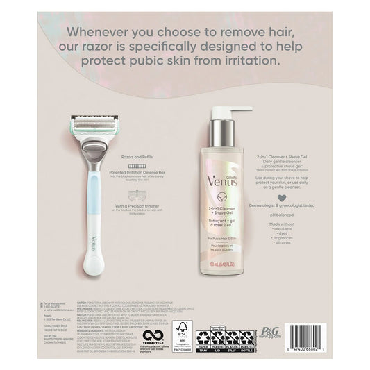 Gillette Venus for Pubic Hair and Skin Shaving Set, Women's Razor, 1 Handle, 5 Blade Refills + Cleanser
