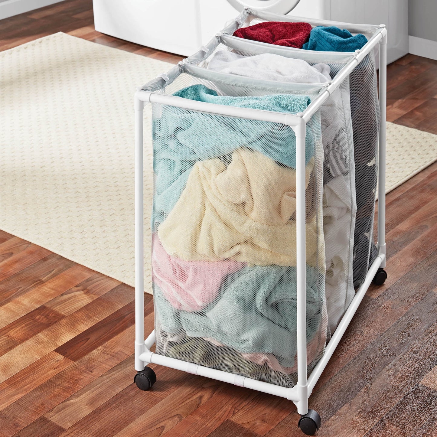 Mainstays Soft Silver 3 Bag Mesh Rolling Laundry Sorter Cart