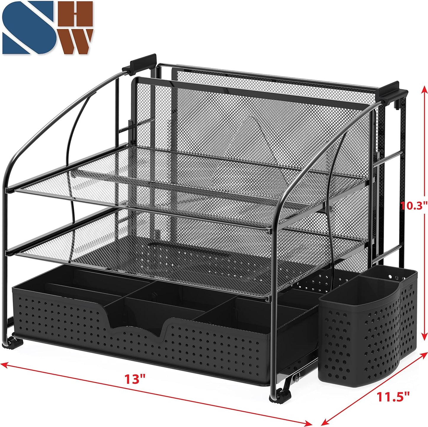 Simple Houseware 3-Tier Desk Organizer Silver with Sliding Drawer, Hanging File Holder, Pen Holder Accessory