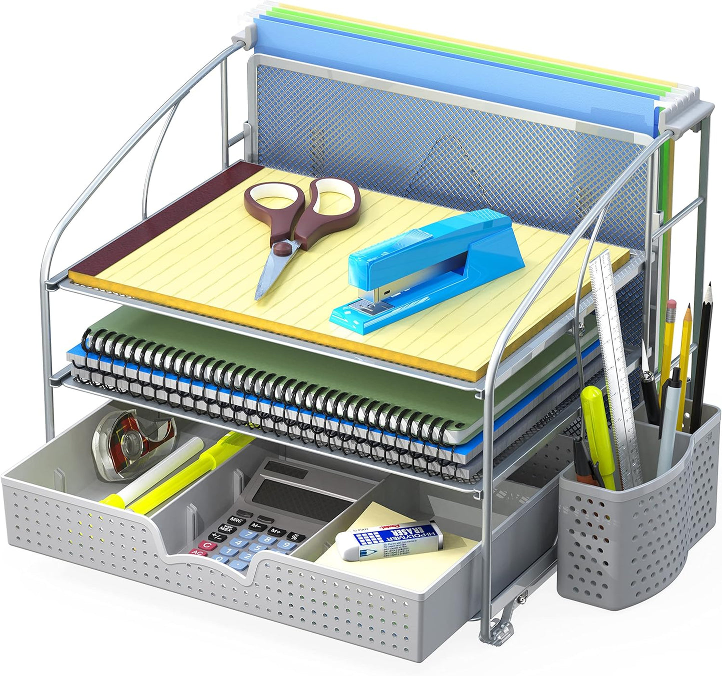 Simple Houseware 3-Tier Desk Organizer Silver with Sliding Drawer, Hanging File Holder, Pen Holder Accessory