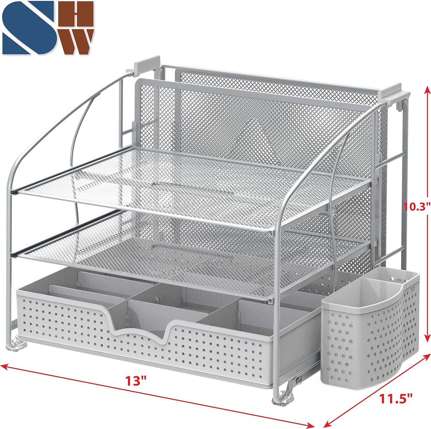 Simple Houseware 3-Tier Desk Organizer Silver with Sliding Drawer, Hanging File Holder, Pen Holder Accessory