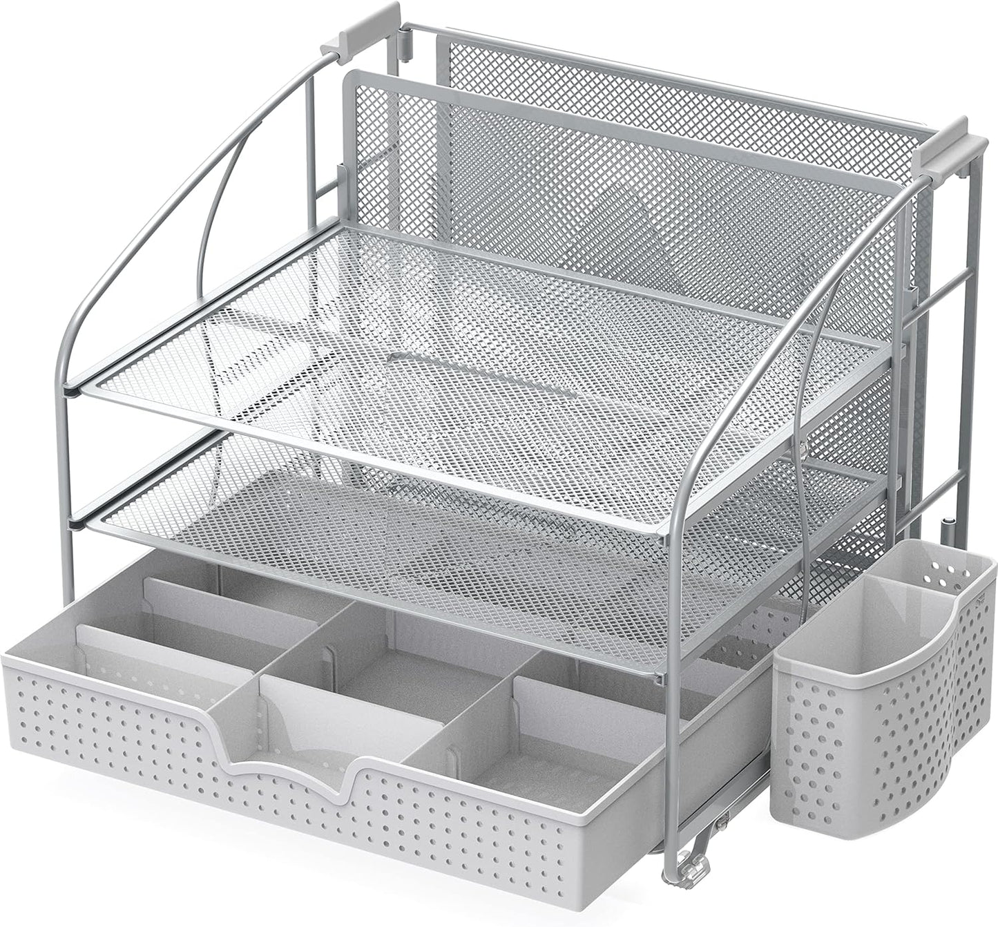 Simple Houseware 3-Tier Desk Organizer Silver with Sliding Drawer, Hanging File Holder, Pen Holder Accessory