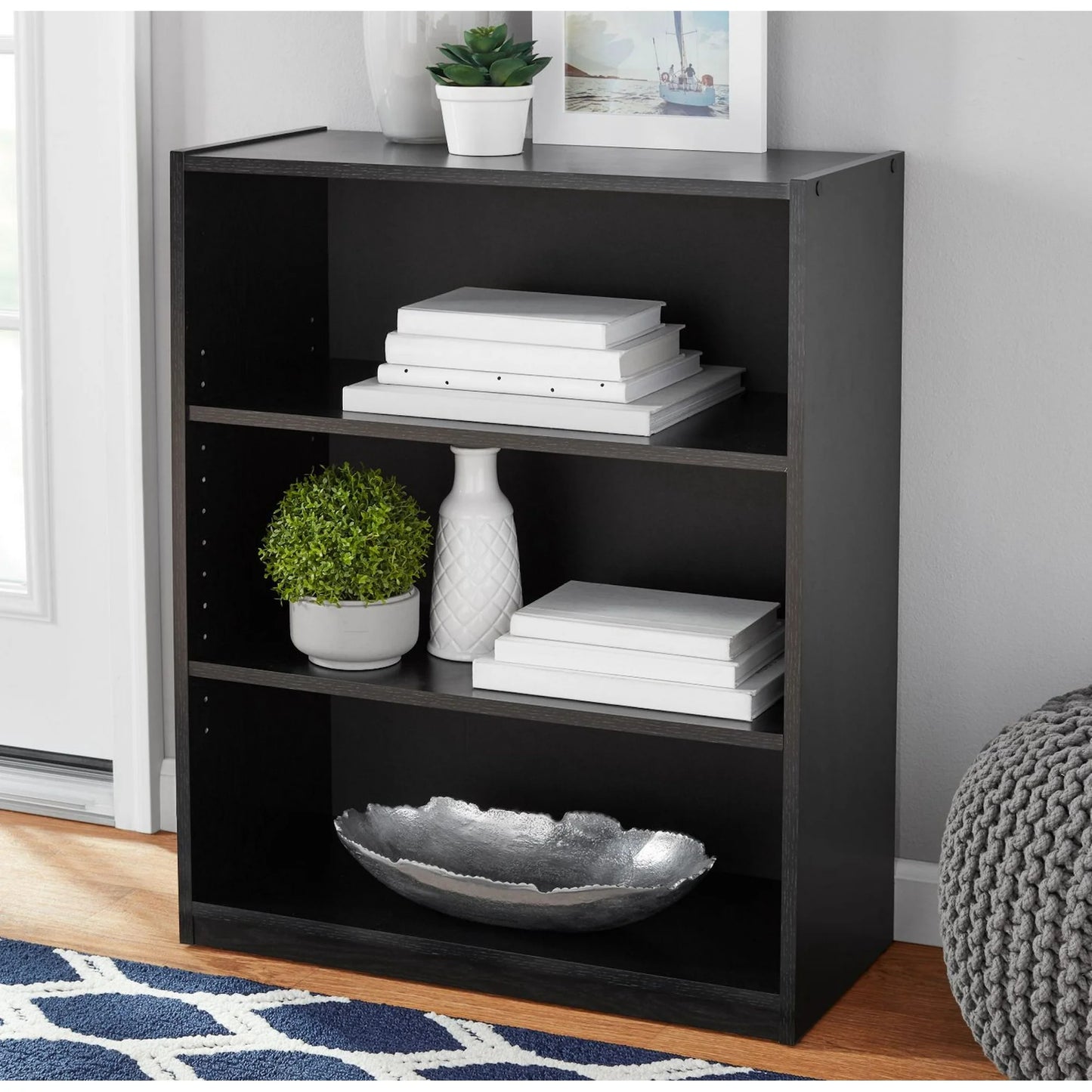 Mainstays 3-Shelf Bookcase with Adjustable Shelves, True Black Oak & White
