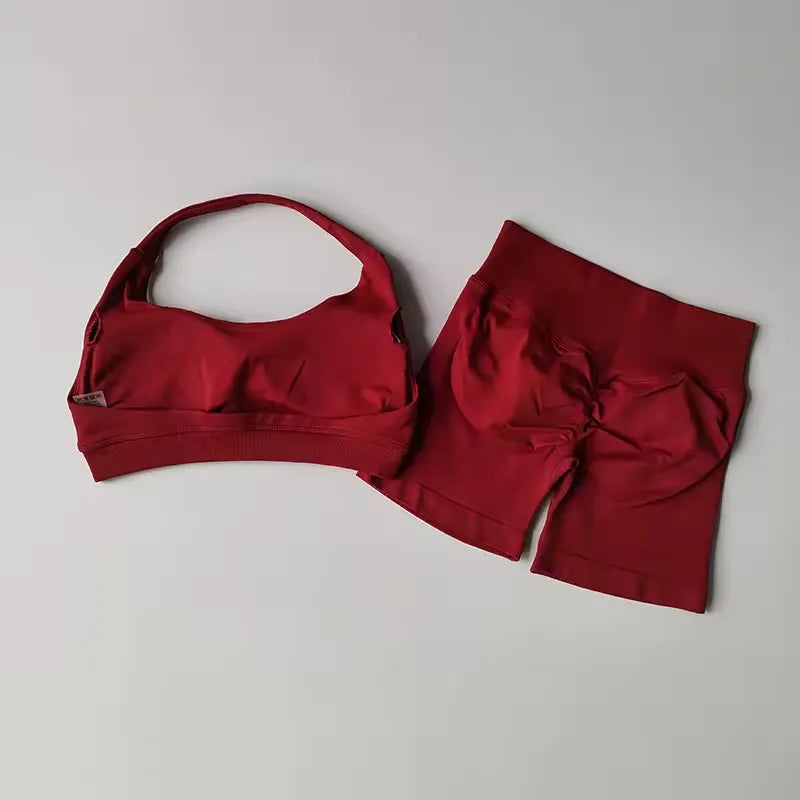 Sexy Halter Neck Beautiful Back High Waist Peach Pilates Gathering Yoga Vest Training Fitness Bra Sets