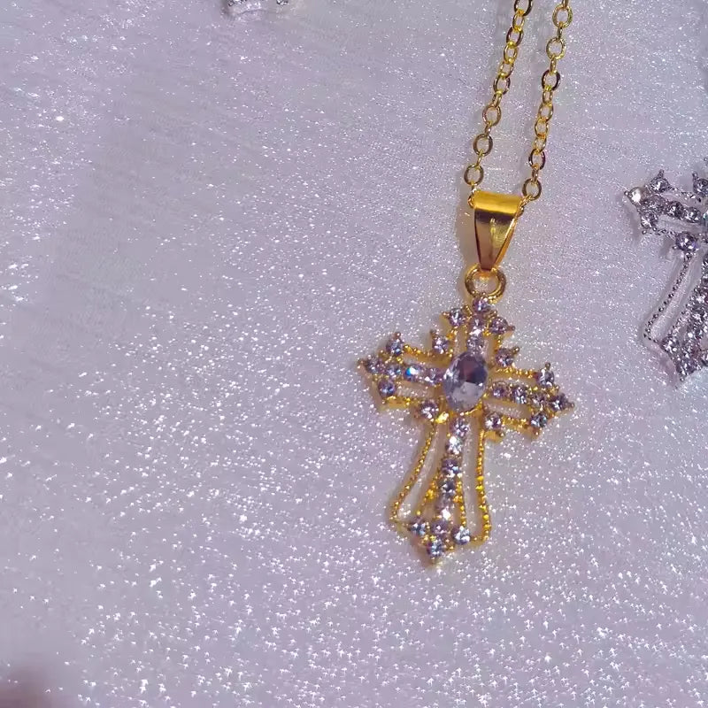 Gothic Big Zircon Cross Necklace Unisex Y2K Irregular Goth Large Cross Pendant Necklaces for Men Women Couple Necklace Jewelry