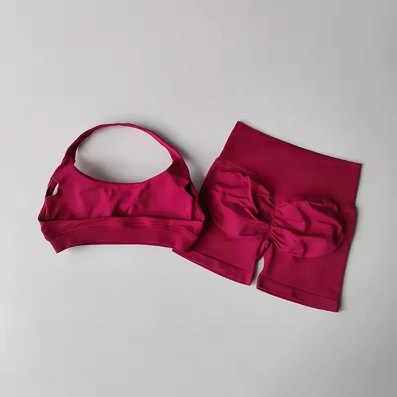 Sexy Halter Neck Beautiful Back High Waist Peach Pilates Gathering Yoga Vest Training Fitness Bra Sets