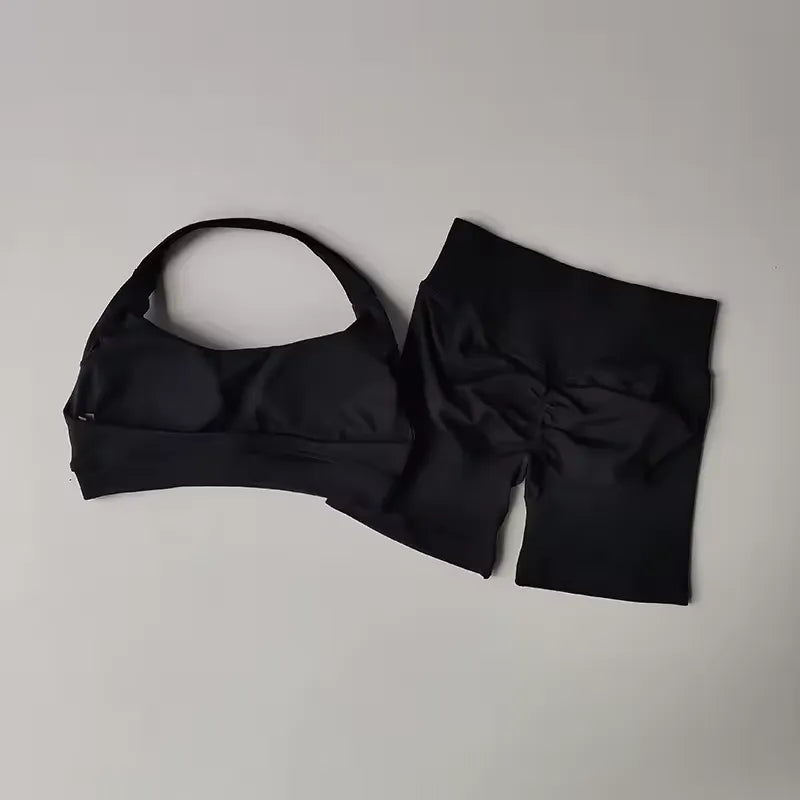 Sexy Halter Neck Beautiful Back High Waist Peach Pilates Gathering Yoga Vest Training Fitness Bra Sets