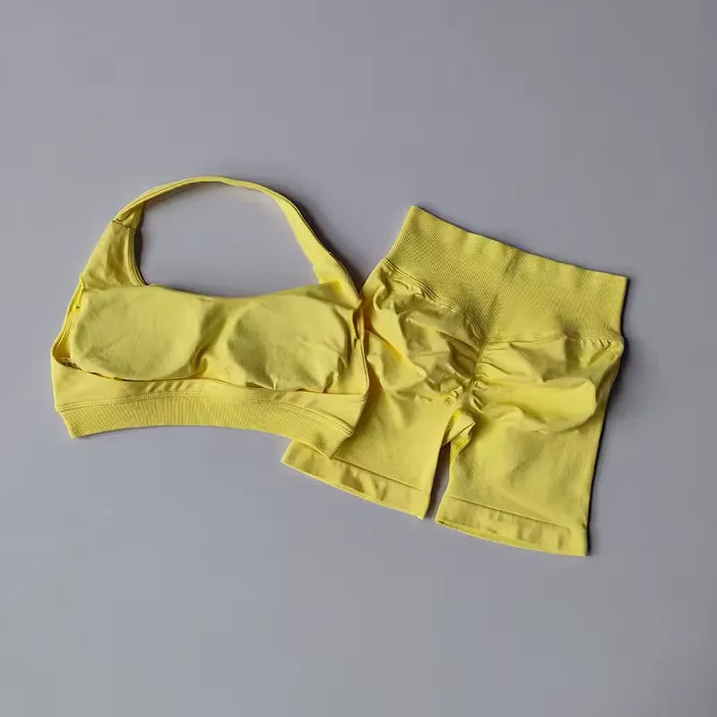 Sexy Halter Neck Beautiful Back High Waist Peach Pilates Gathering Yoga Vest Training Fitness Bra Sets