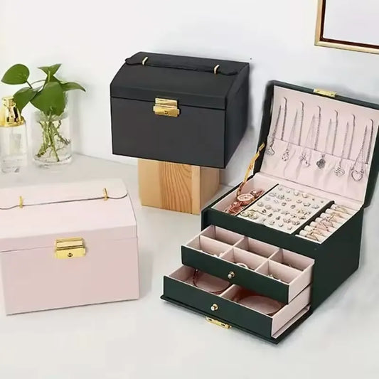 Jewelry Box, 3 Layers Leather Jewelry Storage Display Box for Women, Gift Case, Large Capacity for Necklace Earrings Bracelets Rings,Green