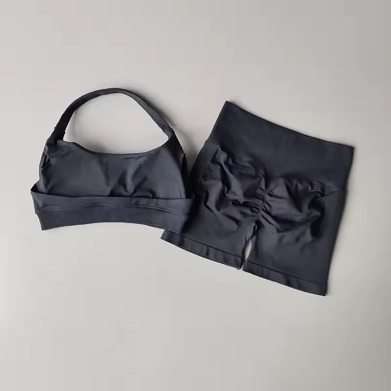 Sexy Halter Neck Beautiful Back High Waist Peach Pilates Gathering Yoga Vest Training Fitness Bra Sets