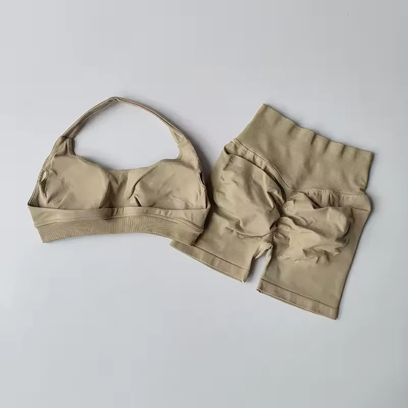 Sexy Halter Neck Beautiful Back High Waist Peach Pilates Gathering Yoga Vest Training Fitness Bra Sets