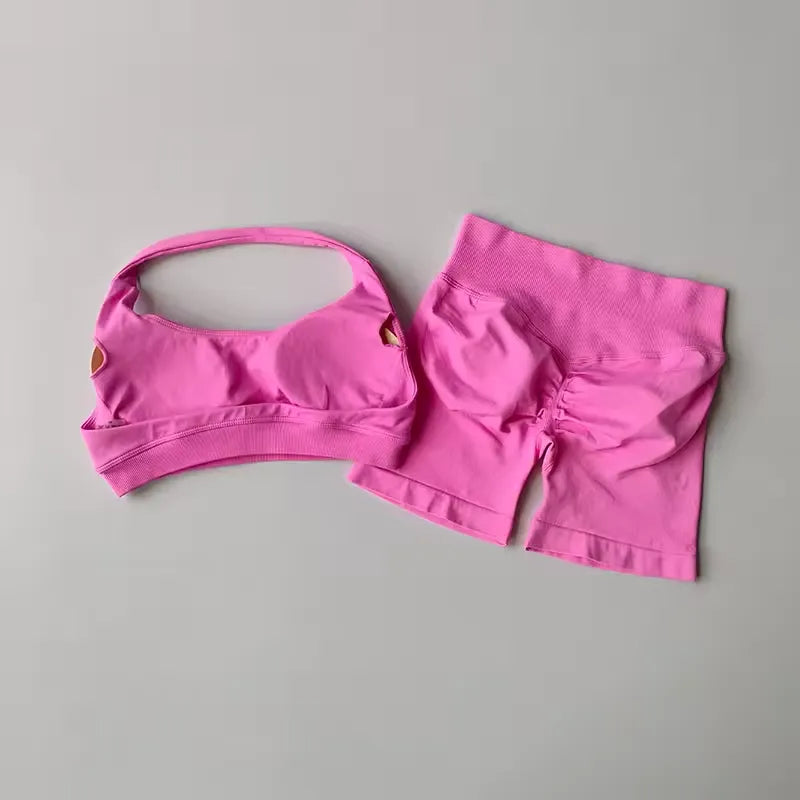 Sexy Halter Neck Beautiful Back High Waist Peach Pilates Gathering Yoga Vest Training Fitness Bra Sets