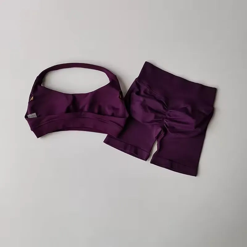 Sexy Halter Neck Beautiful Back High Waist Peach Pilates Gathering Yoga Vest Training Fitness Bra Sets