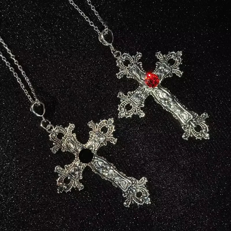 Gothic Big Zircon Cross Necklace Unisex Y2K Irregular Goth Large Cross Pendant Necklaces for Men Women Couple Necklace Jewelry
