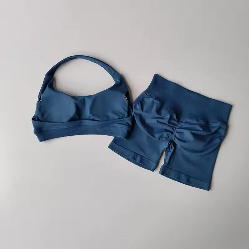 Sexy Halter Neck Beautiful Back High Waist Peach Pilates Gathering Yoga Vest Training Fitness Bra Sets