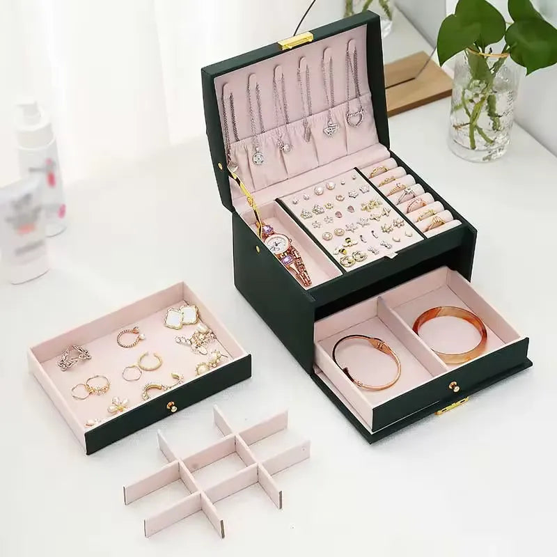 Jewelry Box, 3 Layers Leather Jewelry Storage Display Box for Women, Gift Case, Large Capacity for Necklace Earrings Bracelets Rings,Green