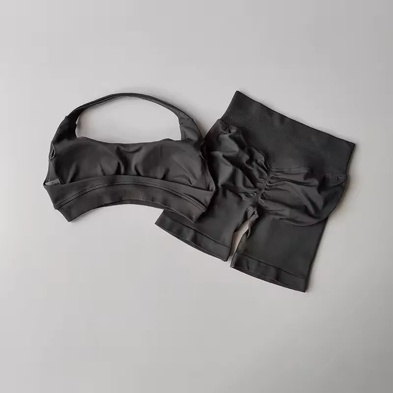 Sexy Halter Neck Beautiful Back High Waist Peach Pilates Gathering Yoga Vest Training Fitness Bra Sets