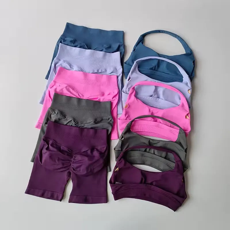 Sexy Halter Neck Beautiful Back High Waist Peach Pilates Gathering Yoga Vest Training Fitness Bra Sets