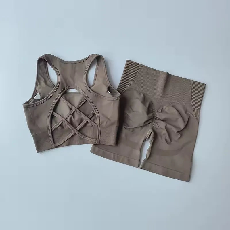 2 PCS Women's Seamless Yoga Set Sexy Sport Bra High Waist Sports Shorts Gym Fitness Sleeveless Workout Suit Sport's wear