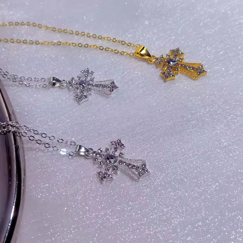 Gothic Big Zircon Cross Necklace Unisex Y2K Irregular Goth Large Cross Pendant Necklaces for Men Women Couple Necklace Jewelry