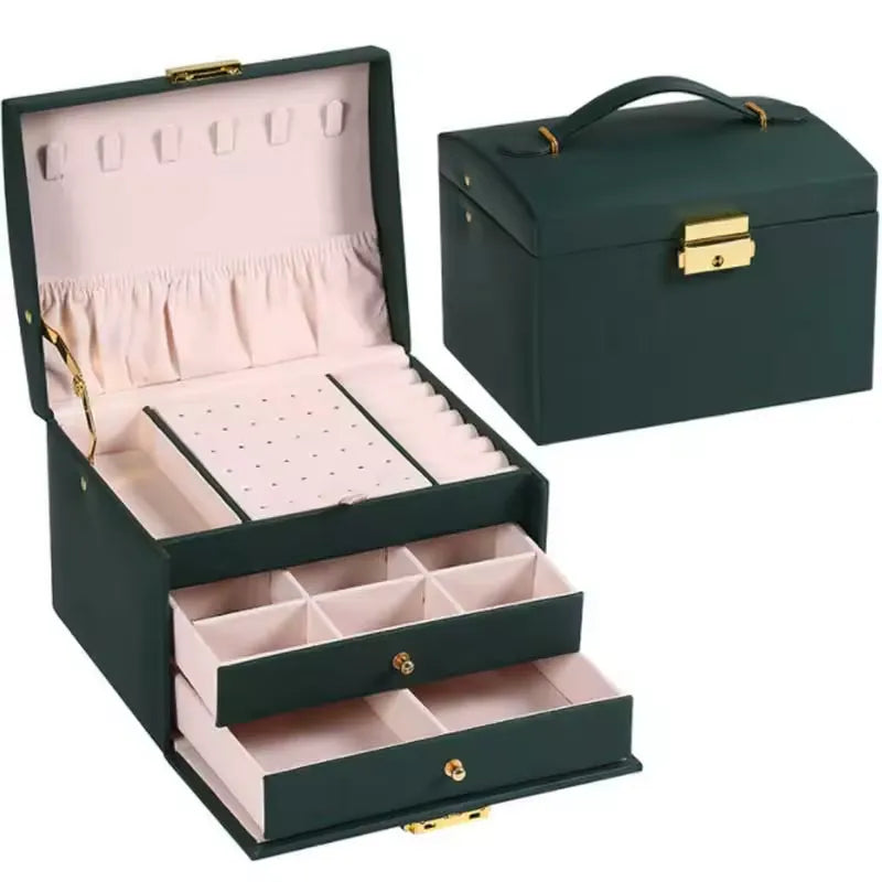 Jewelry Box, 3 Layers Leather Jewelry Storage Display Box for Women, Gift Case, Large Capacity for Necklace Earrings Bracelets Rings,Green