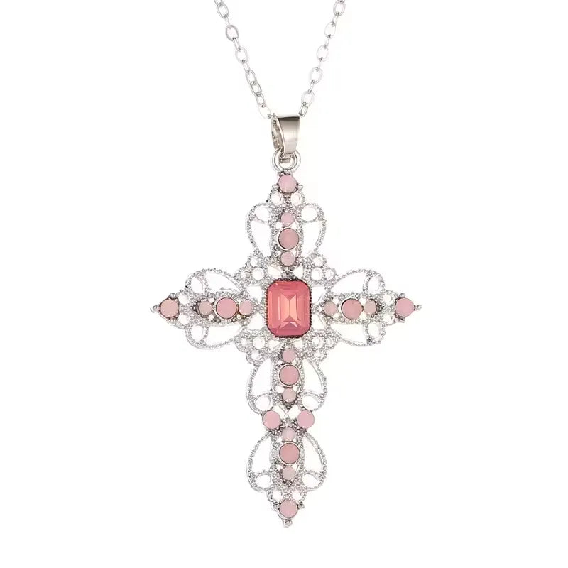 Gothic Big Zircon Cross Necklace Unisex Y2K Irregular Goth Large Cross Pendant Necklaces for Men Women Couple Necklace Jewelry