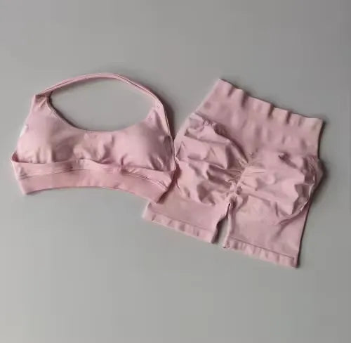 Sexy Halter Neck Beautiful Back High Waist Peach Pilates Gathering Yoga Vest Training Fitness Bra Sets