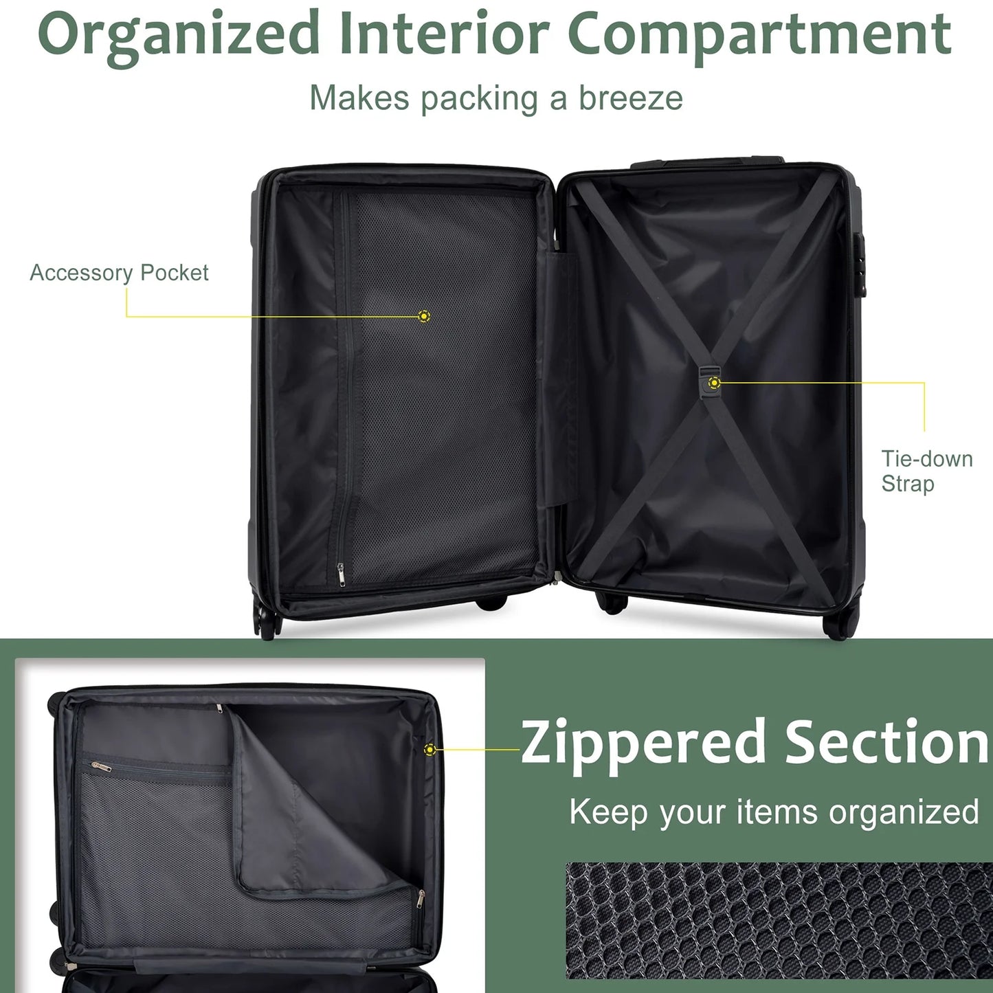 Luggage Sets 3 Piece Lightweight Hardside Rugged Travel Suitcase with Wheels, 22” x 14” x 9” Airline Approved, TSA Lock