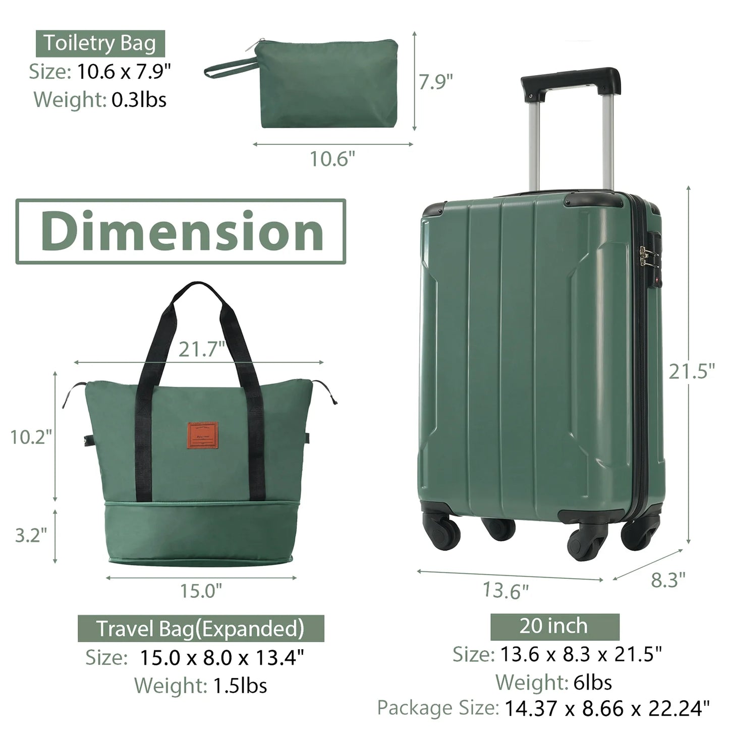 Luggage Sets 3 Piece Lightweight Hardside Rugged Travel Suitcase with Wheels, 22” x 14” x 9” Airline Approved, TSA Lock