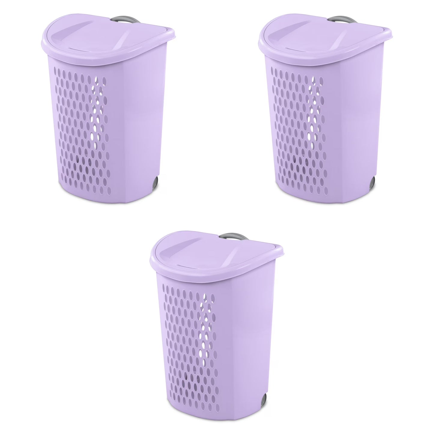 Sterilite 3-Pack Ultra Wheeled Hamper, Laundry Basket w/ Flip-Top Lid & Retractable Handle - Plastic Rolling Clothes Storage Cart with Ventilated Holes for Home, Apartment or Dorm