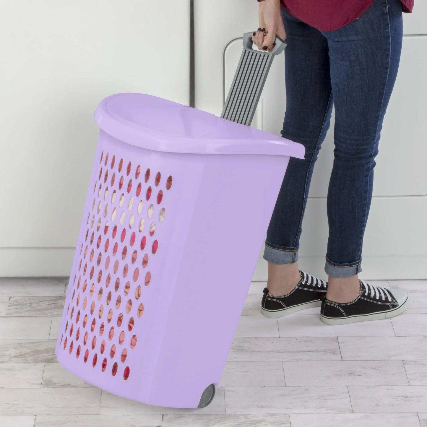 Sterilite 3-Pack Ultra Wheeled Hamper, Laundry Basket w/ Flip-Top Lid & Retractable Handle - Plastic Rolling Clothes Storage Cart with Ventilated Holes for Home, Apartment or Dorm