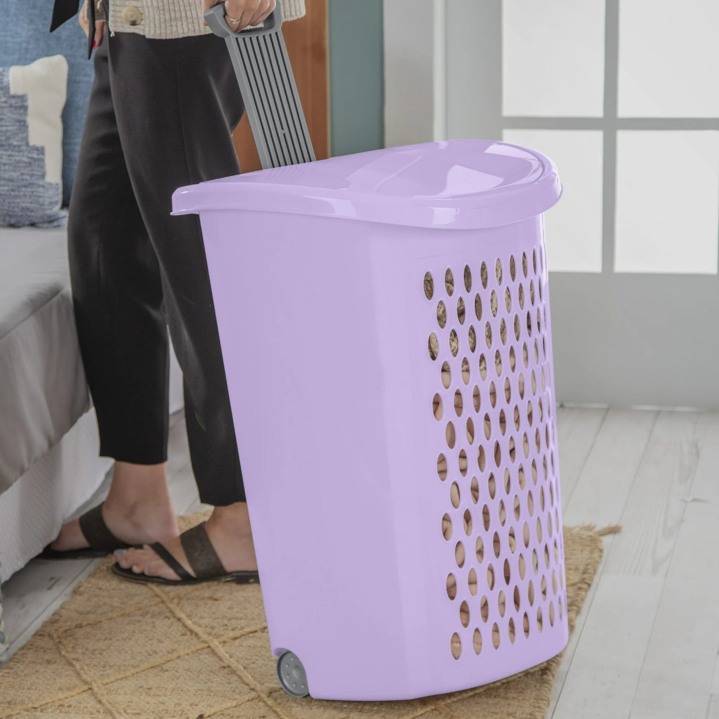 Sterilite 3-Pack Ultra Wheeled Hamper, Laundry Basket w/ Flip-Top Lid & Retractable Handle - Plastic Rolling Clothes Storage Cart with Ventilated Holes for Home, Apartment or Dorm