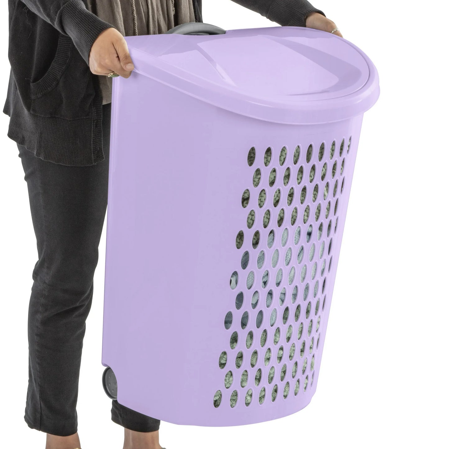 Sterilite 3-Pack Ultra Wheeled Hamper, Laundry Basket w/ Flip-Top Lid & Retractable Handle - Plastic Rolling Clothes Storage Cart with Ventilated Holes for Home, Apartment or Dorm