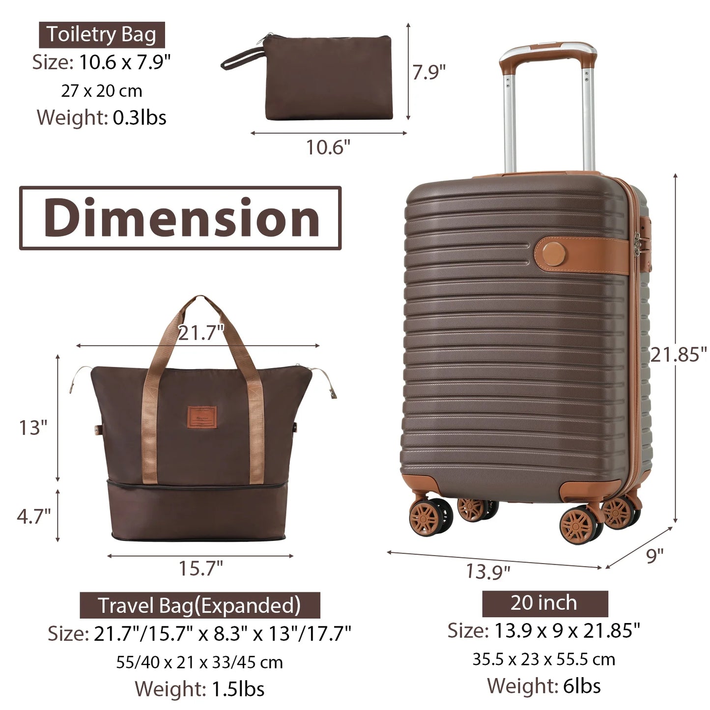 Luggage Sets 3 Piece Lightweight Hardside Rugged Travel Suitcase with Wheels, 22” x 14” x 9” Airline Approved, TSA Lock