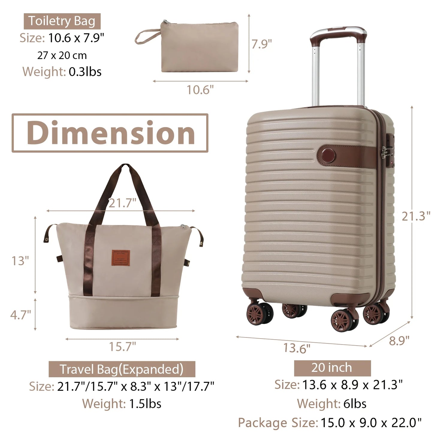 Luggage Sets 3 Piece Lightweight Hardside Rugged Travel Suitcase with Wheels, 22” x 14” x 9” Airline Approved, TSA Lock