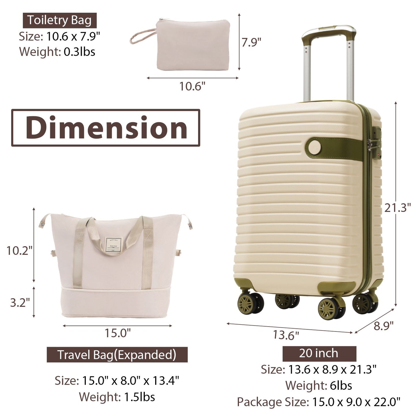 Luggage Sets 3 Piece Lightweight Hardside Rugged Travel Suitcase with Wheels, 22” x 14” x 9” Airline Approved, TSA Lock