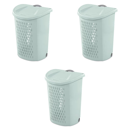 Sterilite 3-Pack Ultra Wheeled Hamper, Laundry Basket w/ Flip-Top Lid & Retractable Handle - Plastic Rolling Clothes Storage Cart with Ventilated Holes for Home, Apartment or Dorm
