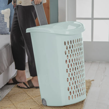Sterilite 3-Pack Ultra Wheeled Hamper, Laundry Basket w/ Flip-Top Lid & Retractable Handle - Plastic Rolling Clothes Storage Cart with Ventilated Holes for Home, Apartment or Dorm