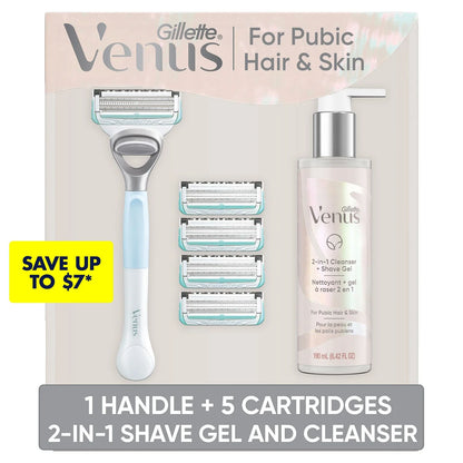 Gillette Venus for Pubic Hair and Skin Shaving Set, Women's Razor, 1 Handle, 5 Blade Refills + Cleanser