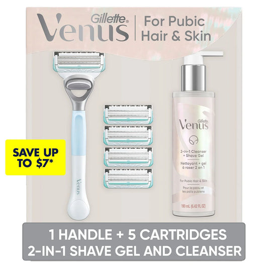 Gillette Venus for Pubic Hair and Skin Shaving Set, Women's Razor, 1 Handle, 5 Blade Refills + Cleanser
