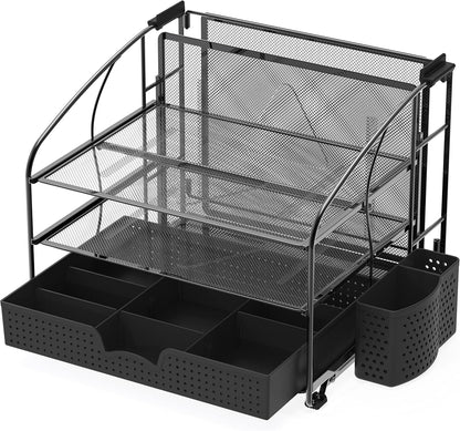 Simple Houseware 3-Tier Desk Organizer Silver with Sliding Drawer, Hanging File Holder, Pen Holder Accessory