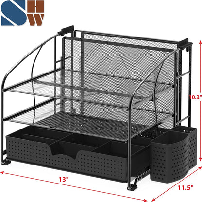 Simple Houseware 3-Tier Desk Organizer Silver with Sliding Drawer, Hanging File Holder, Pen Holder Accessory