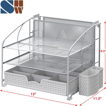 Simple Houseware 3-Tier Desk Organizer Silver with Sliding Drawer, Hanging File Holder, Pen Holder Accessory
